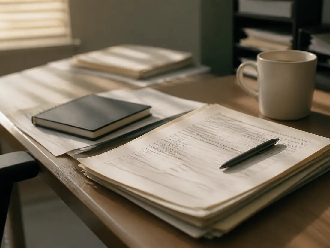 Quiet distributor desk in morning light, papers out of focus