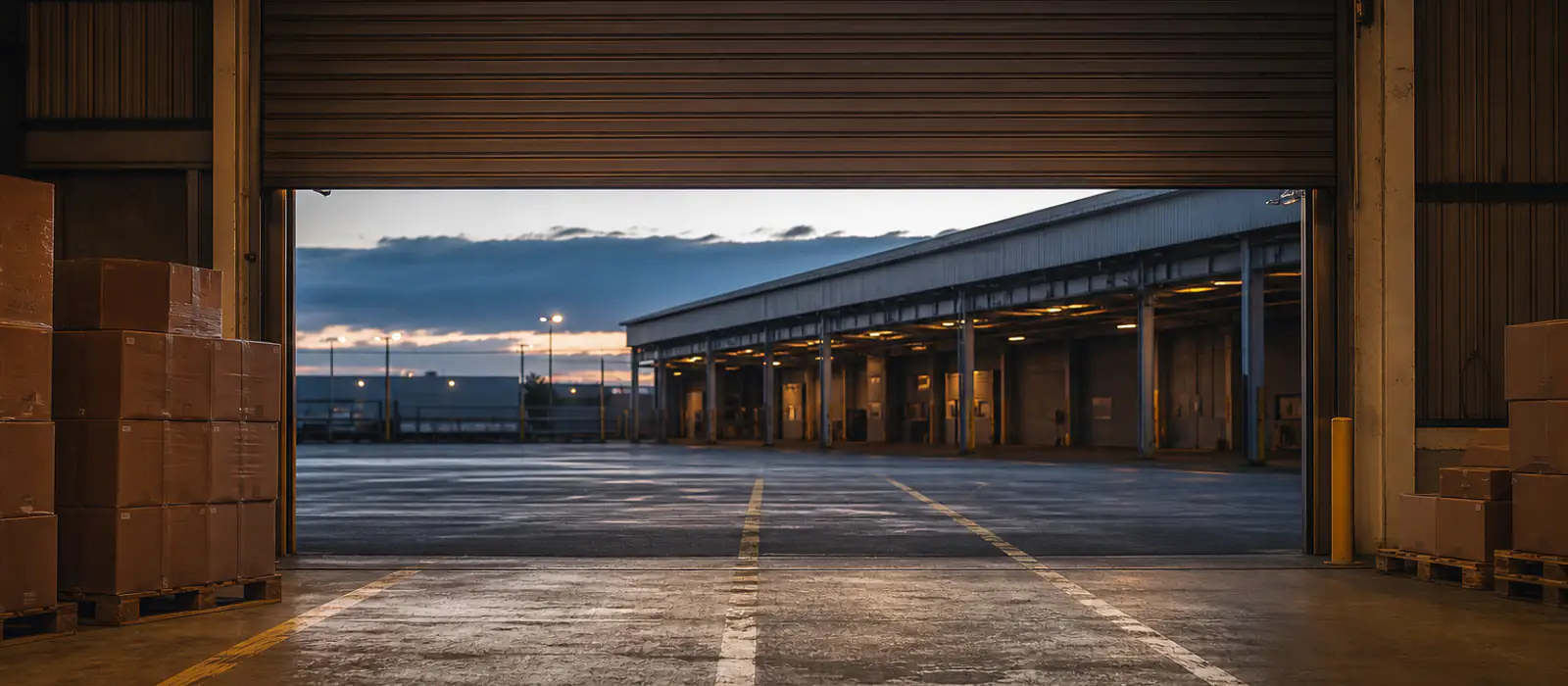 Distribution warehouse loading bay at dawn, shutters open, unbranded cartons on the floor