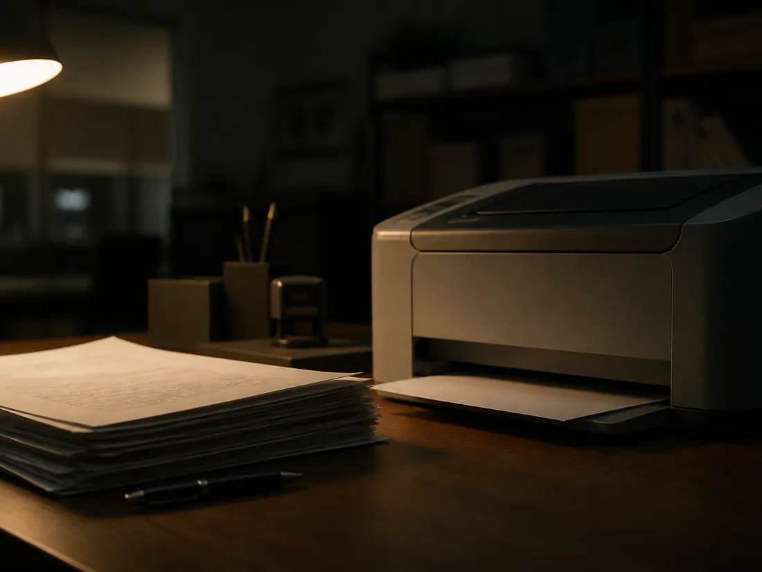 Evening office desk with a printer and unread papers under a lamp
