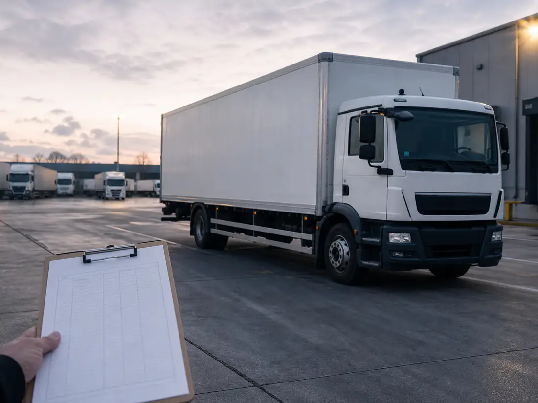 Unbranded delivery truck at a depot before dispatch