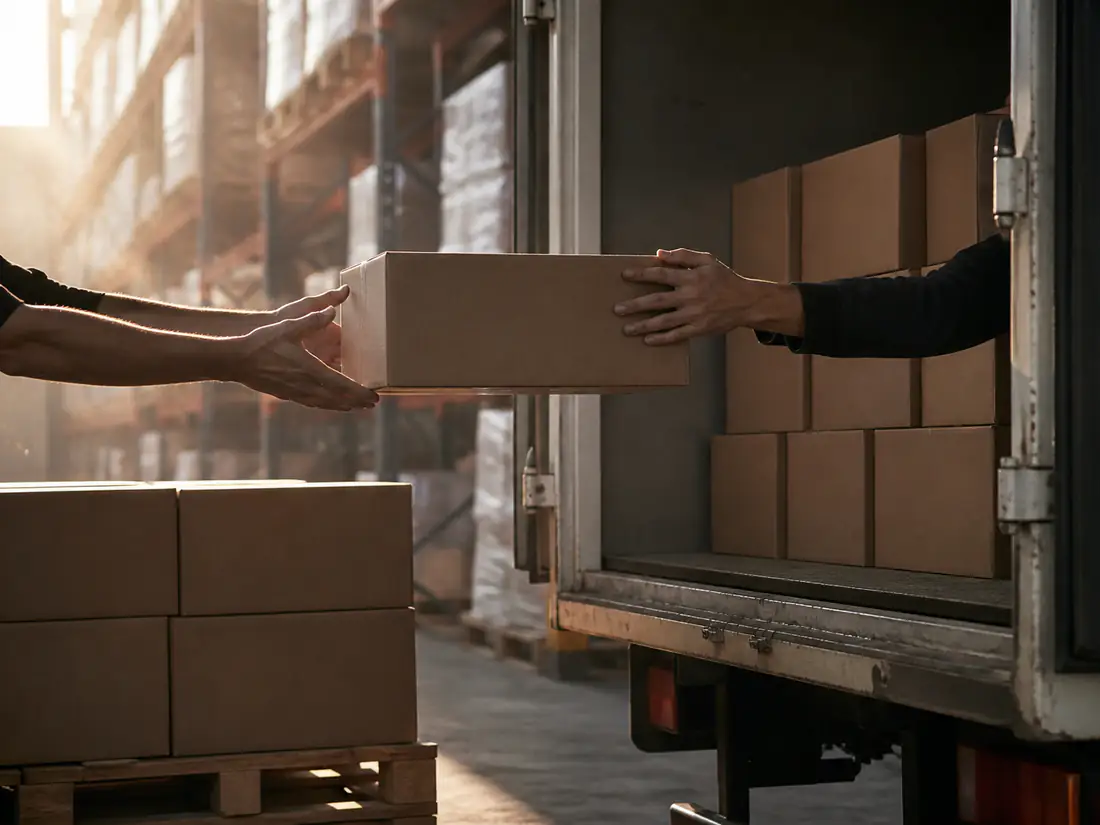 Hands loading unbranded cartons into a box truck at first light